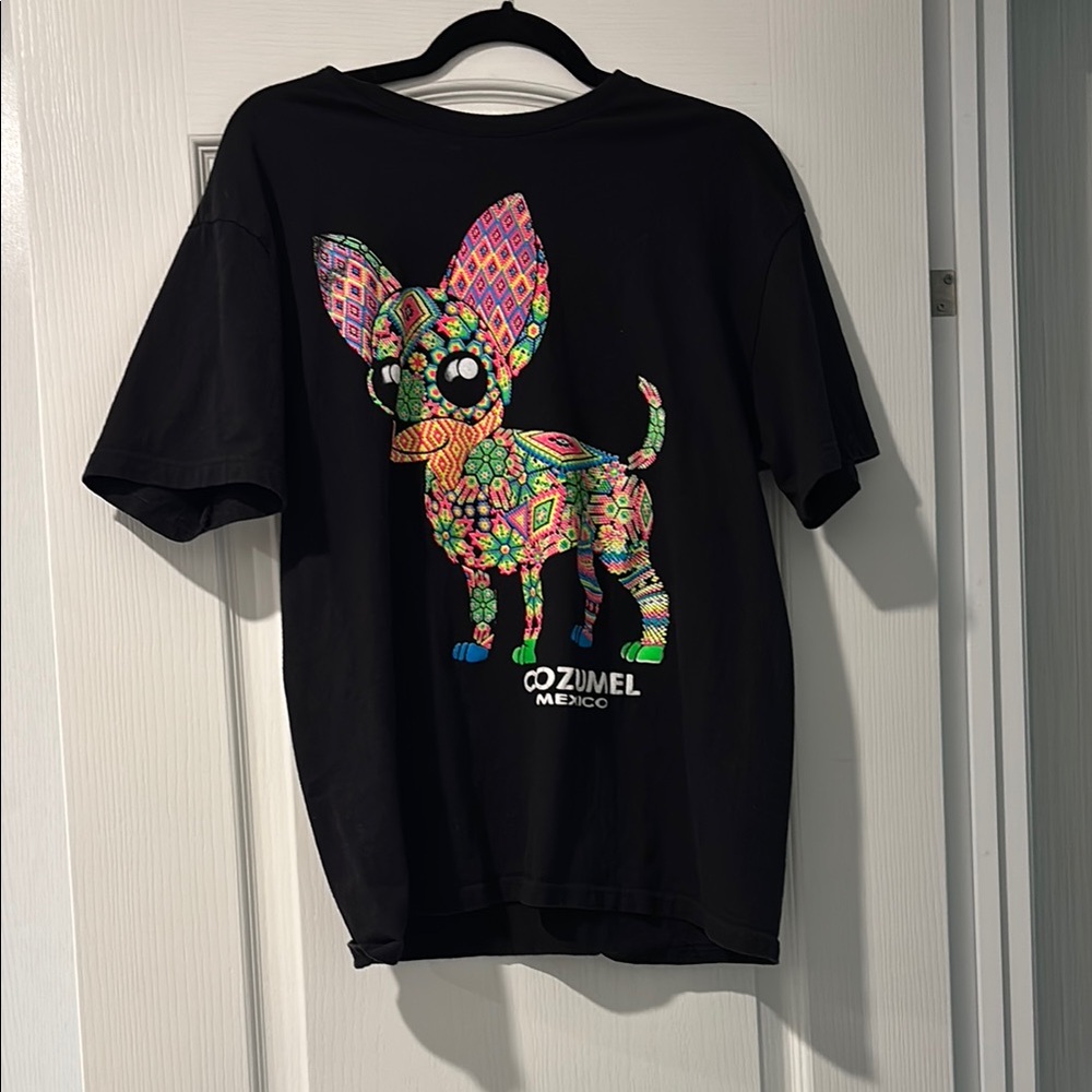 Black T-Shirt with Colorful Dog Design